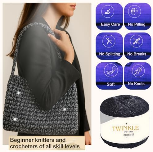 Pack 2 Twinkle Metallic Glitter Yarn Sparkle Fine 1 Light Fingering Weight Worsted Gold Silver for Crochet Knitting, 25g 0.88oz, 175yard Soft Craft Shawls Bags Lurex
