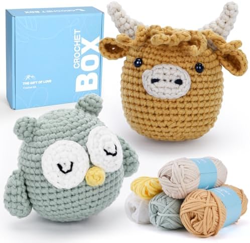 CrochetBox Crochet Kit for Beginner, Highland Cow and Owl Learn How to Crochet Stuffed Animals Gift for Adults and Teen(), Knitting Set with Yarn Hook Stitch-by-Stitch Video Tutorial