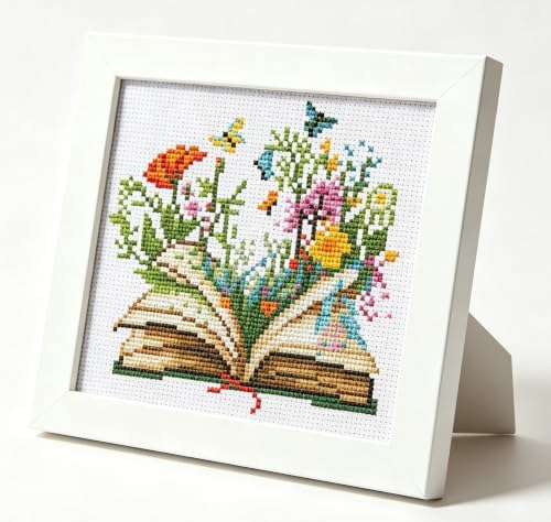 Book Flowers Stamped Cross Stitch Kits for Adults Beginners with Frame