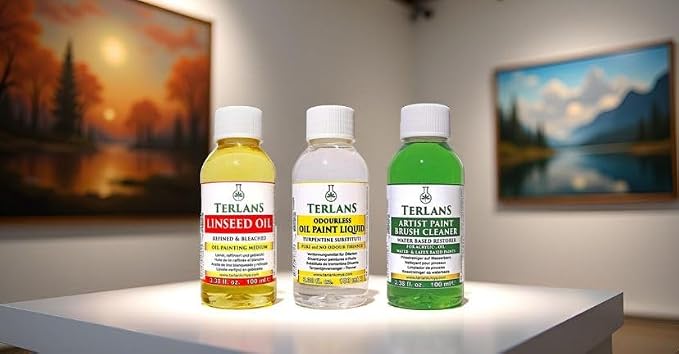 TERLANS Oil Painting Essentials Set, 3x100 ml (3x3.38 Fl.Oz.) | Linseed Oil, Brush Cleaner & Odourless Oil Paint Liquid for Smooth Flow, Controlled Dilution & Paint Care | Artist Oil Painting Supplies