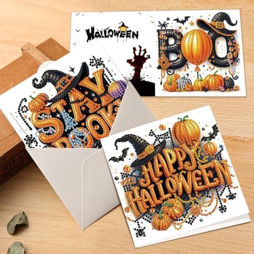 antor 6 Pack Halloween Diamond Art Cards Kits - DIY 5D Diamond Painting Greeting Cards with Envelopes, Handmade Halloween Craft Kits for Adults, Rhinestone Pumpkin Witch Card Set