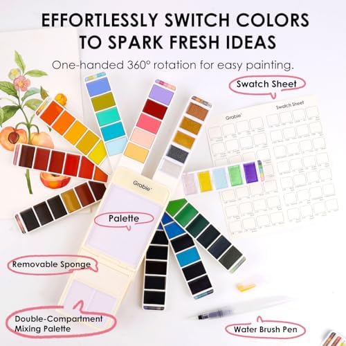 Grabie Portable Watercolor Paint Set of 56 Color with Water Brush & Palette