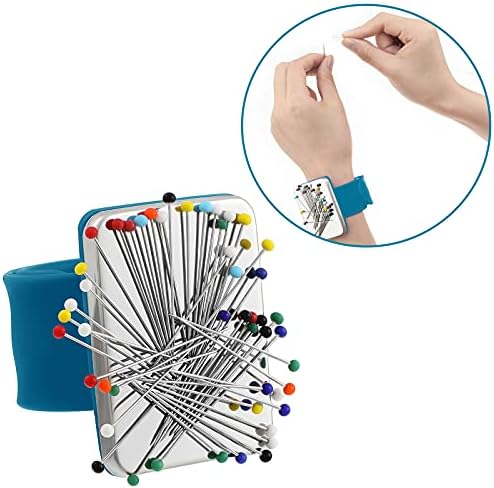 WILLBOND Magnetic Wrist Sewing Pincushion with 100 Pcs 1.5" Pins, Dark Blue