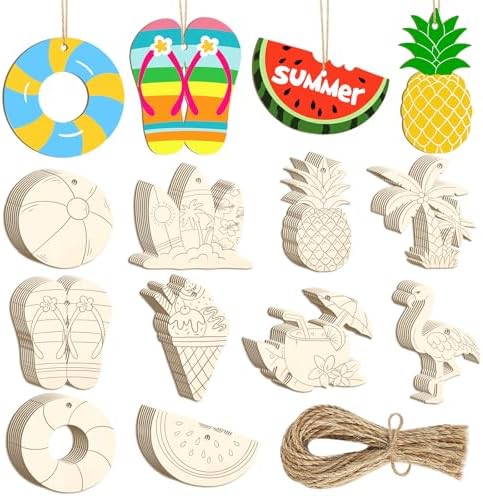 80PCS Wooden Summer Ornaments to Paint, 10 Styles DIY Blank Unfinished Wood Beach Cutouts Ornament for Crafts Hanging Decorations, Watermelon Surfboard Slippers Coconut Tree Home Decorations Gifts