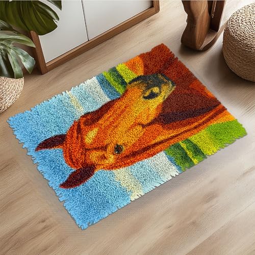 Latch Hook Rug Kit Brown Horse Head Portrait Pre-Printed Handmade Carpet Crochet Yarn Craft DIY Hook and Latch Door Mat Tapestry for Home Floor Decoration 52x38cm-4