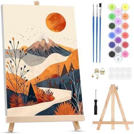 KEYIFA Paint by Numbers for Adults on Framed Canvas - with Wooden Easel, Mountain Range Painting by Number Kit for Beginners, DIY Scenery Acrylic Paint-by-Number Kits for Home Wall Decor (8x12 inch)