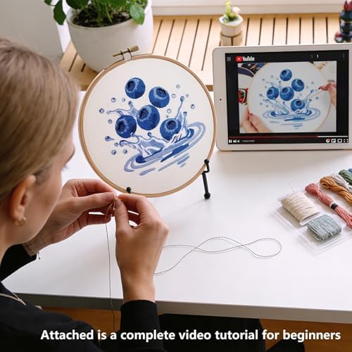 Armindou 2Set Embroidery Kits with Fruit Pattern for Beginners Adults, Hand Embroidery Needlepoint DIY Kits, Stamped Cross Stitch Kits for Beginners Adult, 2 Embroidery Hoops (Attached Video Tutorial)