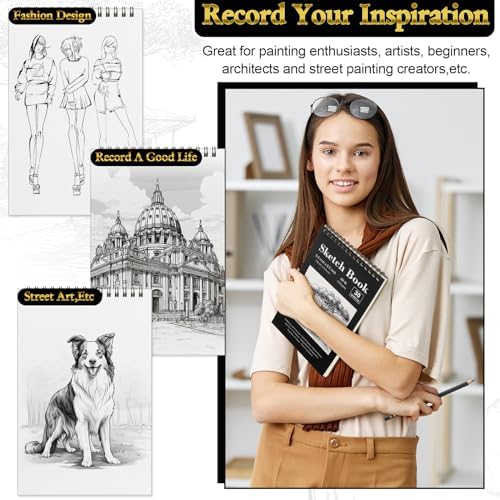Humyoun 36 Pcs Top Spiral Bound Sketch Pad with Drawing Pencils Set, 5.5 x 8.5 Inch Sketchbook, 68lb(100gsm) Thick Paper, Charcoal & Graphite Pencils (12B-4H) for Shading, Artists & Beginners