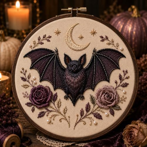 Halloween 3D Embroidery Hoop Decor Cozy Handmade-Style Fall Wall Art (Mystic Bat)