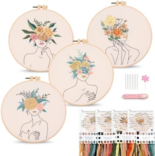 Harimau Adult Beginner Embroidery Starter Kit, Complete Set with 4 Patterns, 2 Hoops, Needles, Scissors, Instruction Guide & Stitching Video Tutorials