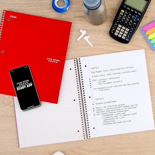 Five Star Spiral Notebook + Study App, 5 Subject, College Ruled Paper, 8-1/2" x 11", 200 Sheets, Fights Ink Bleed, Water Resistant Cover, Fire Red (72077)