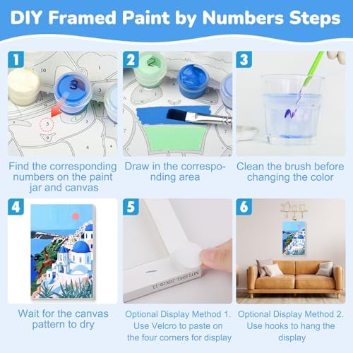 KEYIFA Paint by Numbers for Adults on Framed Canvas - with Wooden Easel, Santorini Painting by Number Kit for Beginners, DIY Greece Acrylic Paint-by-Number Kits for Home Wall Decor (8x12 inch)