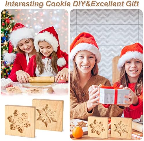 Meanplan Carved Wooden Cookie Mold, Baking Embossing Cookies Stamp Mold Cutter Funny 3D Heart Wood Rose Dessert Tools for Christmas Kitchen DIY Baking Tools(Snowflakes)