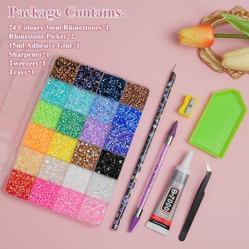 30000Pcs Nail Art Rhinestones, EARLMONI 24 Colors 3mm Flatback Rainbow Gems Resin Jelly Rhinestones Bedazzling Kit + 15ML Jewelry Glue Nail Rhinestone Picker Tool for DIY Crafts Clothes Shoes Nail Art