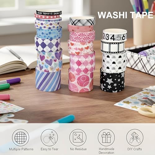 Washi Tape Set, 18 Rolls Washi Stickers, Assorted Sizes, for Junk Journal Scrapbook Tape, Bullet Journaling Scrapbooking Supplies, Planner Sticker DIY Craft DéCor (Pattern)