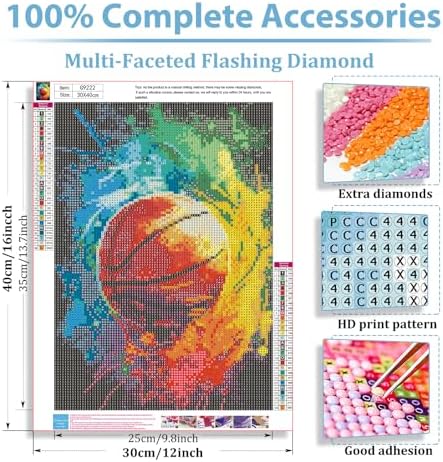 Basketball Diamond Art Kits for Adults, Diamond Painting Kits 12x16 in | Diamond Painting Kits for Adults Beginners, Gem Art, 5D Full Drill, DIY Arts and Crafts for Gift Home or Decor