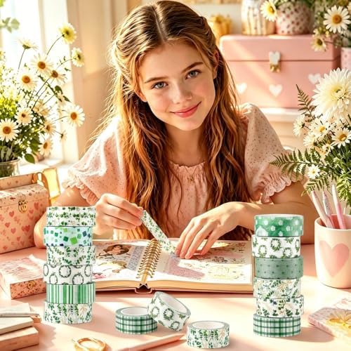 12 Rolls Floral Washi Tape Set, Green Watercolor Flowers Design for for Journaling, Scrapbooking, DIY Craft, Planners, Gift Wrapping, Back to School Art Supplies