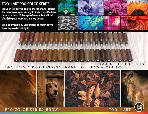Acrylic Paint Pens 22 Brown Tones Assorted Pro Color Series Markers Set 0.7mm Extra Fine Tip for Rock Painting, Glass, Mugs, Wood, Metal, Canvas, Projects, Non Toxic, Waterbased, Quick Drying