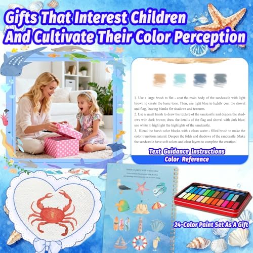 Watercolor Workbook - Coloring Book Beginner Friendly Painting Kit, Watercolor Workbooks for Adults with 24 Colors Paint, Exploration Gift for Adults Teens (Seaside)