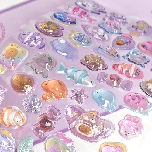 Cute Relief Stickers Purple Ocean Theme Puff Stickers with Glitter Kawaii Fish, Snails, Seaweed 3D Puffy for Scrapbooks Planner Journals Laptops Phone Case Decoration Laptops Phone Case DIY