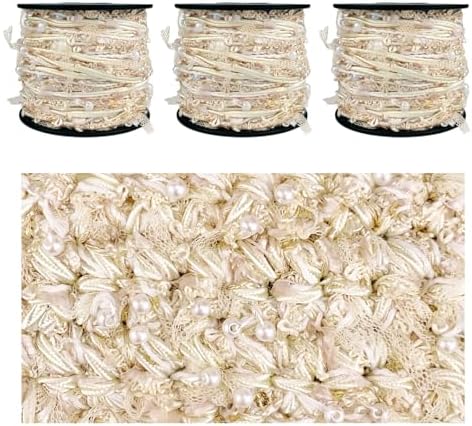 Artisanal Yarn Collection Multifiber Fancy Yarn with White Beads for Knitting Crocheting Crafts DIY, Set of 3 Rolls (Moonlight Gold)