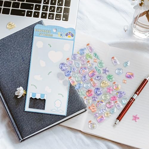Cute Stickers Blue Ocean Theme Puff Stickers with Glitter Kawaii, Jellyfish, Conch, Shell, Small Fish 3D Puffy for Scrapbooks Planner Journals Laptops Phone Case Decoration Laptops Phone Case DIY