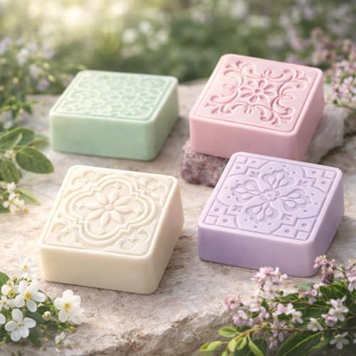 2Pack Embossed Floral Silicone Soap Mold Square Handmade Soap Making Mold Square Silicone Mold Vintage Floral Embossed Mold Handmade Soap Mold for Soap Candle Lotion Bath Bombs Resin Cake Chocolate