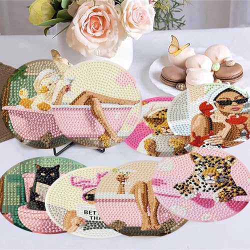8 Pack Diamond Art Coasters, Pink Bow Woman Diamond Painting Coasters