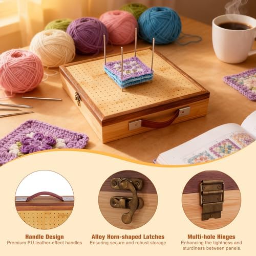 OCPO HOME 12'' Crochet Blocking Board - with Storage Drawer & 20 Pegs, Bamboo Granny Square Blocking Board for Crochet Projects, Ideal Crocheting Gifts for Crocheters