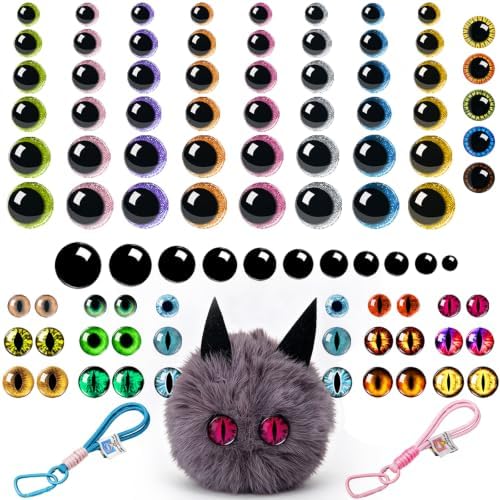 CSCHENGO 477Pcs10-35mm Glass Craft Safety Eyes 10-35mm 3D Shiny Round/Moon Eyes/Black Eyes with Noses/Glasses/Tags,for Adult DIY Crochet Handmade Craft Figurines Plush Crafts
