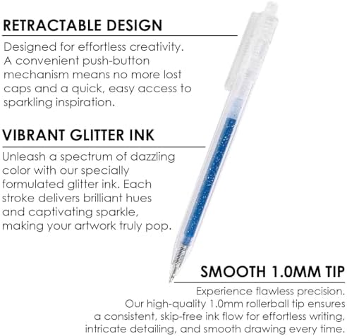 Grabie 18 Color Glitter Gel Pens, Retractable Sparkle Art Pens | Retractable Design, Smooth Gel Ink, Sparkling Finish, Acid Free Ink, Quick Drying, Coloring Books, Journaling, Drawing