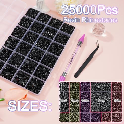 Canvalite 25000PCS Resin Jelly Rhinestones for Crafting, Black Flatback Gems, Bedazzling Crystal with 5x2.5g B7000 Jewelry Glue and Tweezers Dotting Pen for DIY Crafts Clothing Shoes Nail Art