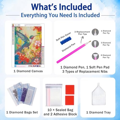 Hummingbird Diamond Art Kits for Adults, Diamond Painting, 12x16 Inch