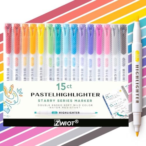 15 Count Dual-Tip Highlighters, Pastel Colors Fine & Bold Tip, Quick-Dry Non-Bleeding Highlighter Markers for Bible Journaling,School,Office,Notes (15 colors highlighters - Starry Sky Color)