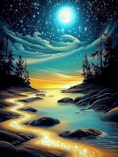 DIYDECORFUN Moon Beach Diamond Art Kit for Adults,5D Full Drill Round Diamond Dot Painting for Beginners,DIY Paint with Diamond Beach Gem Art Painting Adult Crafts for Wall Decor 12x16Inch