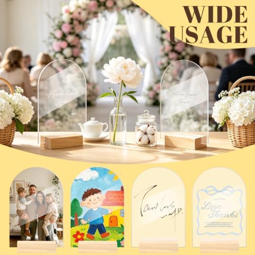 Bercoor 15 Pack 4x6 Inch Blank Clear Arch Acrylic Sign with Wooden Stands, Arched Round Top Acrylic Sheet, DIY Acrylic Arch Table Numbers for DIY Name Card Gifts Event Party Sign Decoration