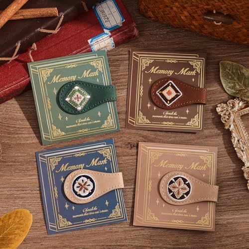 4PCS Vintage Magnetic Leather Bookmark, Leather Magnetic Bookmarks for Women, Magnetic PU Bookmarks Clip Book Accessories, Embroidery Pattern