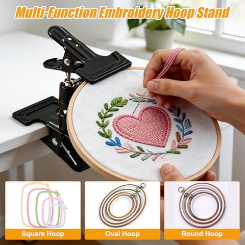 Jieting Adjustable 360° Rotating Metal Embroidery Hoop Stand Holder with Table Clamp – Hands-Free Needlepoint Support Accessories Supplies for Cross Stitch, Embroidery & DIY Crafts