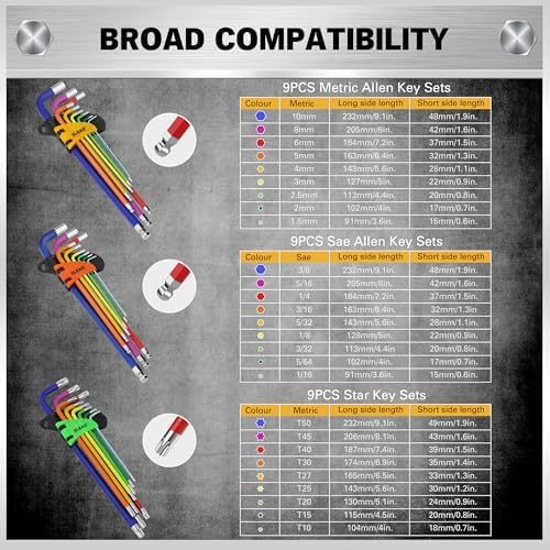 ELEAD 29-Piece Hex & Torx Key Set: Rainbow Colored Allen Wrench Set, SAE(1/16"-3/8") & Metric(1.5mm-10mm) & Torx(T10-T50), Long Arm Ball End, Allen Keys with T-Handle and Extension Bar