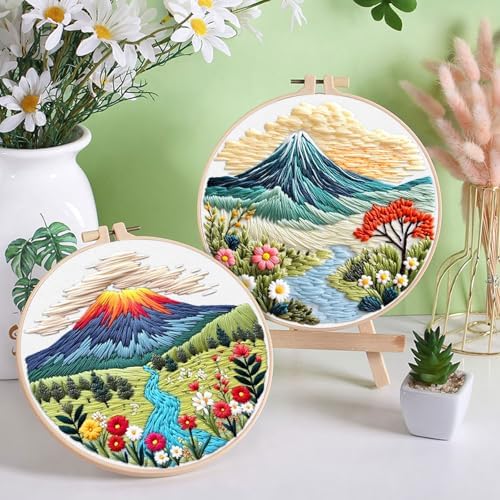 ERKOON 4 Set Embroidery Kit for Beginners, Cross Stitch Set Include Embroidery Cloth Hoops Threads for Craft Lover Hand Stitch with Embroidery Skill Techniques (Landscape)