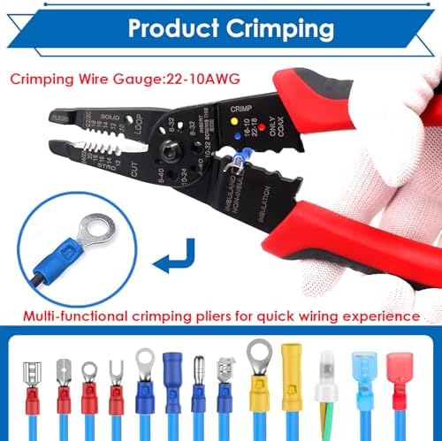 smseace Red Wire Crimping tool Wire crimper,stripper and cutter for insulated/Bare/Heat Shrink connectors(22-10 AWG) Multifunctional Cable Stripper and Crimping tool
