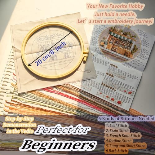FONNUY Coffee Shop Embroidery Kit, Vintage Cafe Pre-Stamped Pattern Kits Handmade DIY Embroidery Set Suitable for Both Adults and Beginners Color Thread Needlework, 8'' Hoop (SkyBlue)