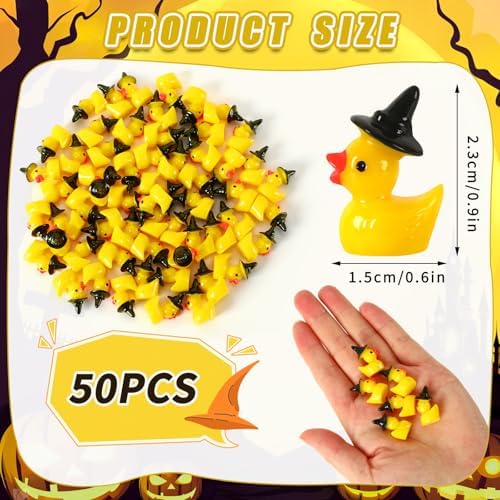 JUNEBRUSHS 50 Pcs Halloween Mini Resin Duck, Tiny Witch Ducks Miniature Witch Hat Duck Figurine for Halloween Crafts Home Table Decorations