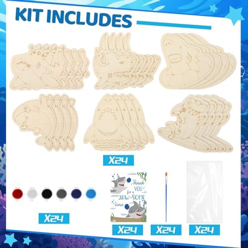 Weysat 24 Sets Color Your Own Shark Masks Ocean Themed DIY Blank Masks Wooden Painting Craft Kits Include Cards and Art Supplies for Birthday Party Favors Graffiti Crafts Goodie Bag Stuffers