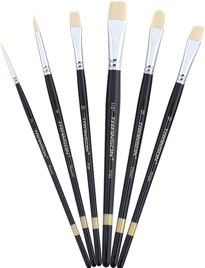 Transon Paint Brush Set 6pcs Art Painting Flexible Bristle for Acrylic Watercolor Gouache Oil Leather Canvas and Face Painting