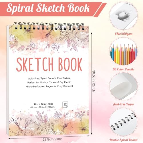 2 Pack Sketch Books for Kids 9 × 12In, 100gsm Drawing Pad with 36 Pencils