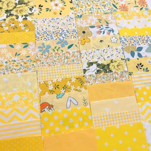 Cotton Fabric DIY Making Supplies Quilting Patchwork Fabric Fat Quarter Bundles DIY for Quilting Cotton Patchwork Cushions (42pcs Yellow, 10cm*10cm)