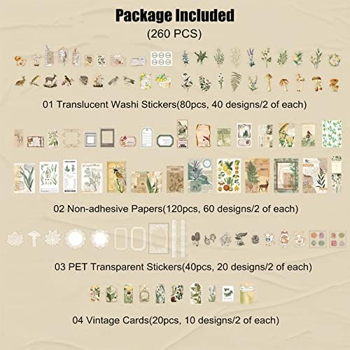 Esweny 260PCS Vintage Journaling Scrapbooking Supplies Scrapbook Sticker Paper Ephemera Pack for Junk Journal Planners Collage Craft Notebooks Album (Plants and Birds)