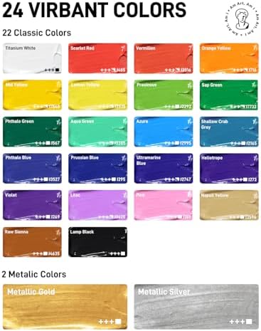 JusArt 24 Colors Acrylic Paint Set, Including Gold and Silver, 8.45oz(250ml) Large Bottles Adult Artist Paints for Canvas, Crafts, Mural, Rocks, Clay, Fabric, Wood