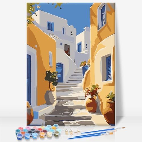 Camocin Framed Paint by Numbers Kit for Adults Beginner - Santorini Street Paint by Number Canvas with Frame, DIY Coastal Landscape Acrylic Painting Kit for Stress Relief Home Wall Decor 8x12 Inch